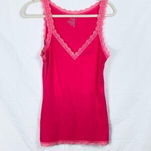 Old Navy Y2K Womens L Pink Lace Trim Ribbed Fitted Tank Top Preppy Layering